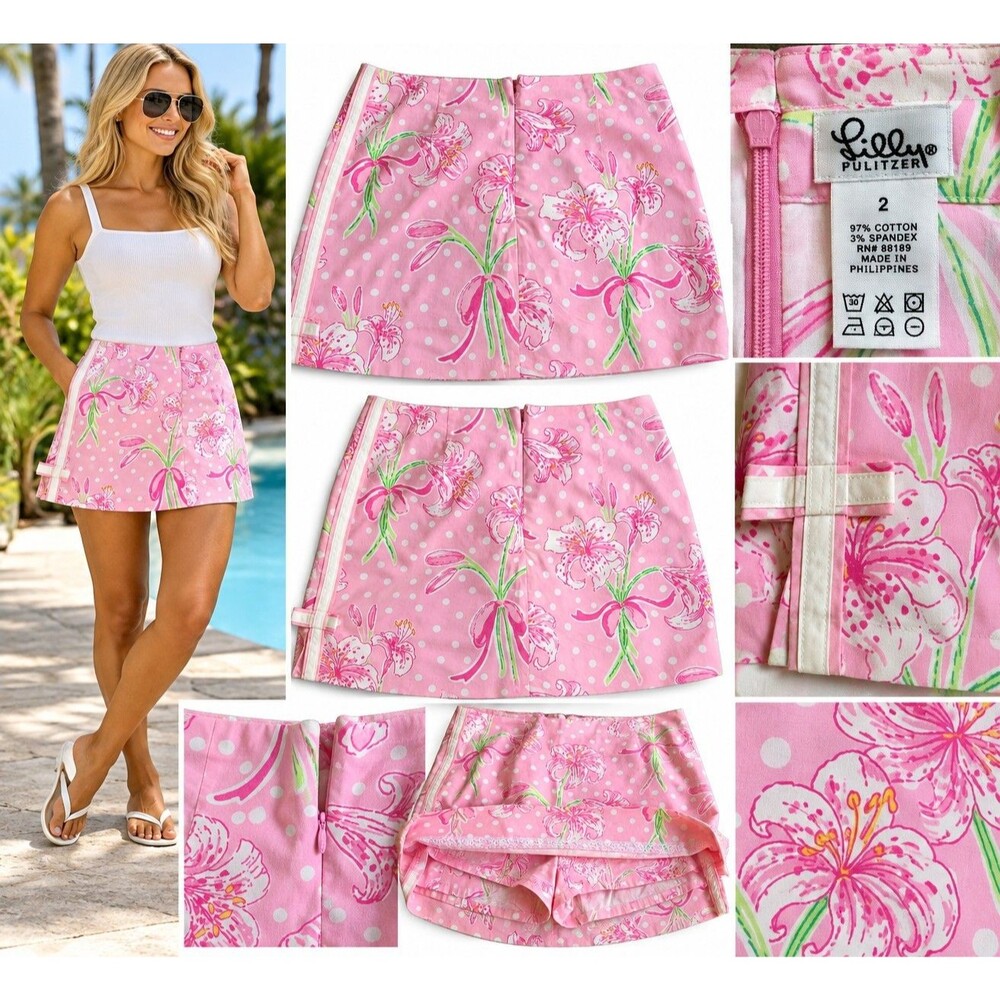 Lilly Pulitzer Pink Floral Polka Dot Skort Size 2 Cotton Stretch Mini Skirt